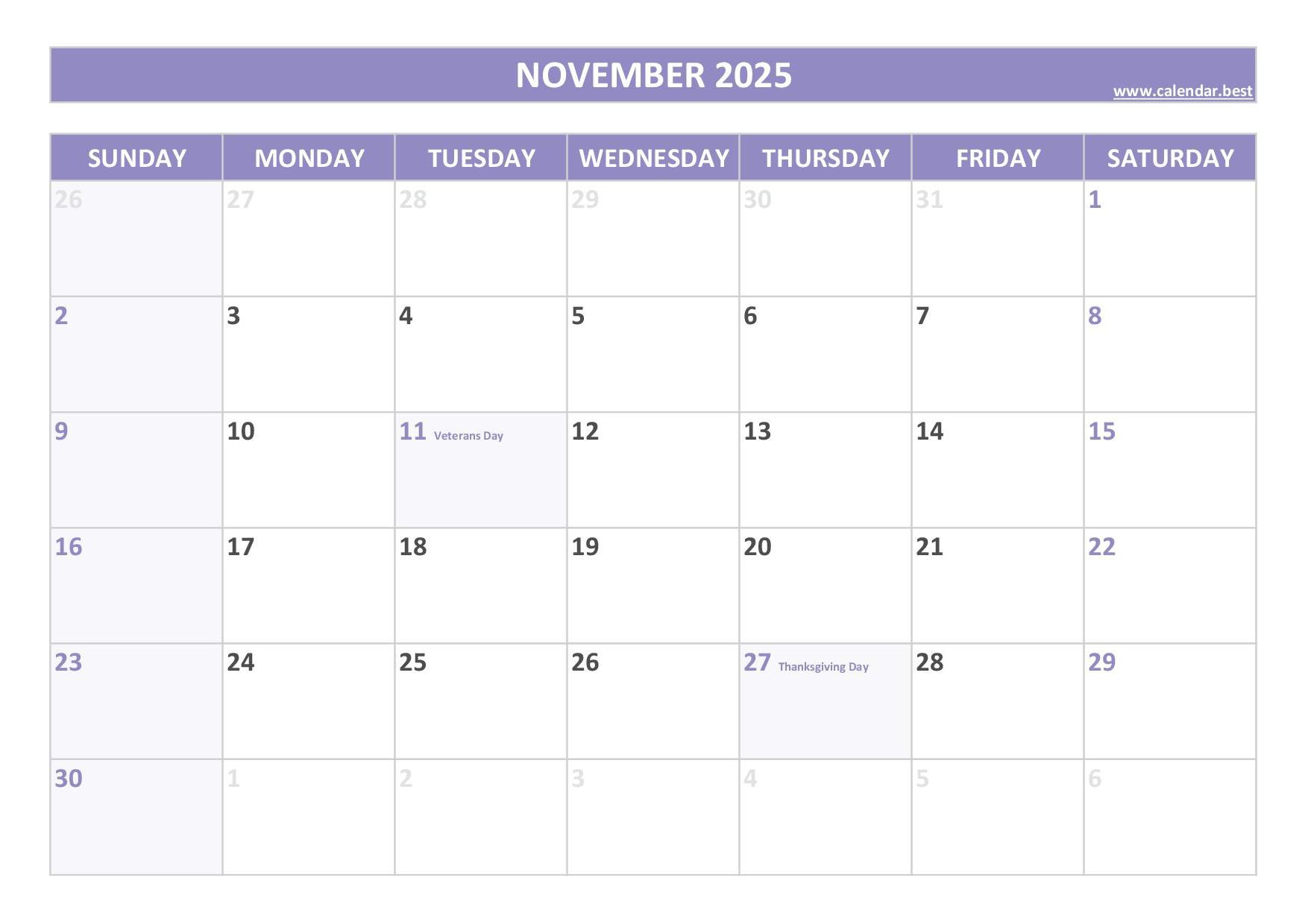 November 2025 Calendar -Calendar.best in November 2025 Calendar with Holidays