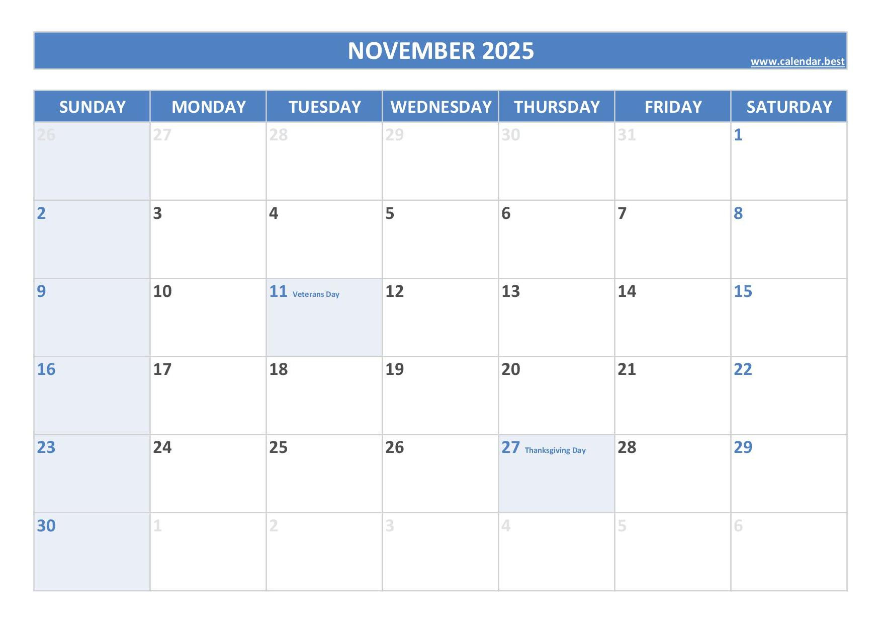 November 2025 Calendar -Calendar.best in Printable Calendar November 2025 with Holidays