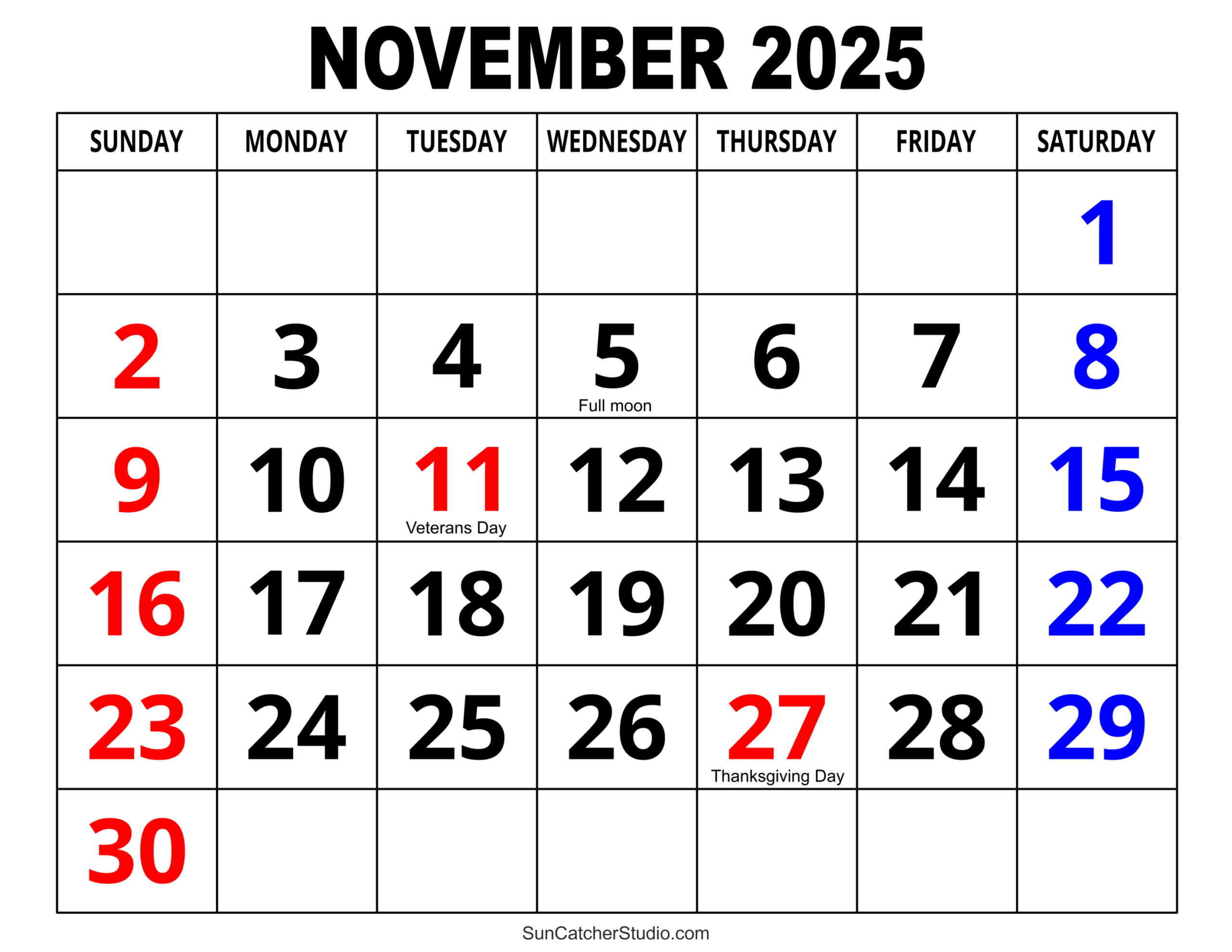 November 2025 Calendar (Free Printable) – Free Printables regarding November 2025 Calendar With Holidays
