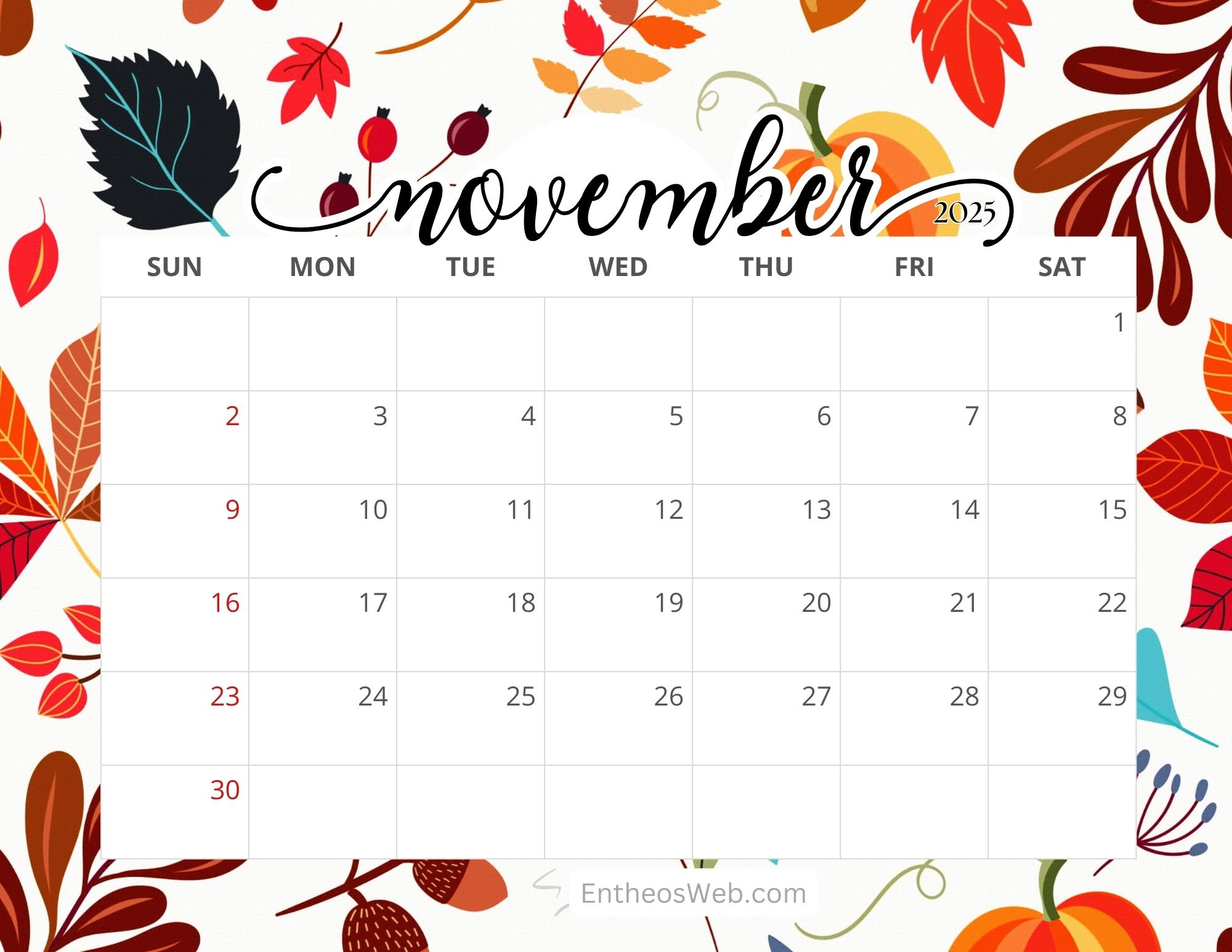 November 2025 Calendar Free Printables | Entheosweb for Printable Calendar November 2025 Free