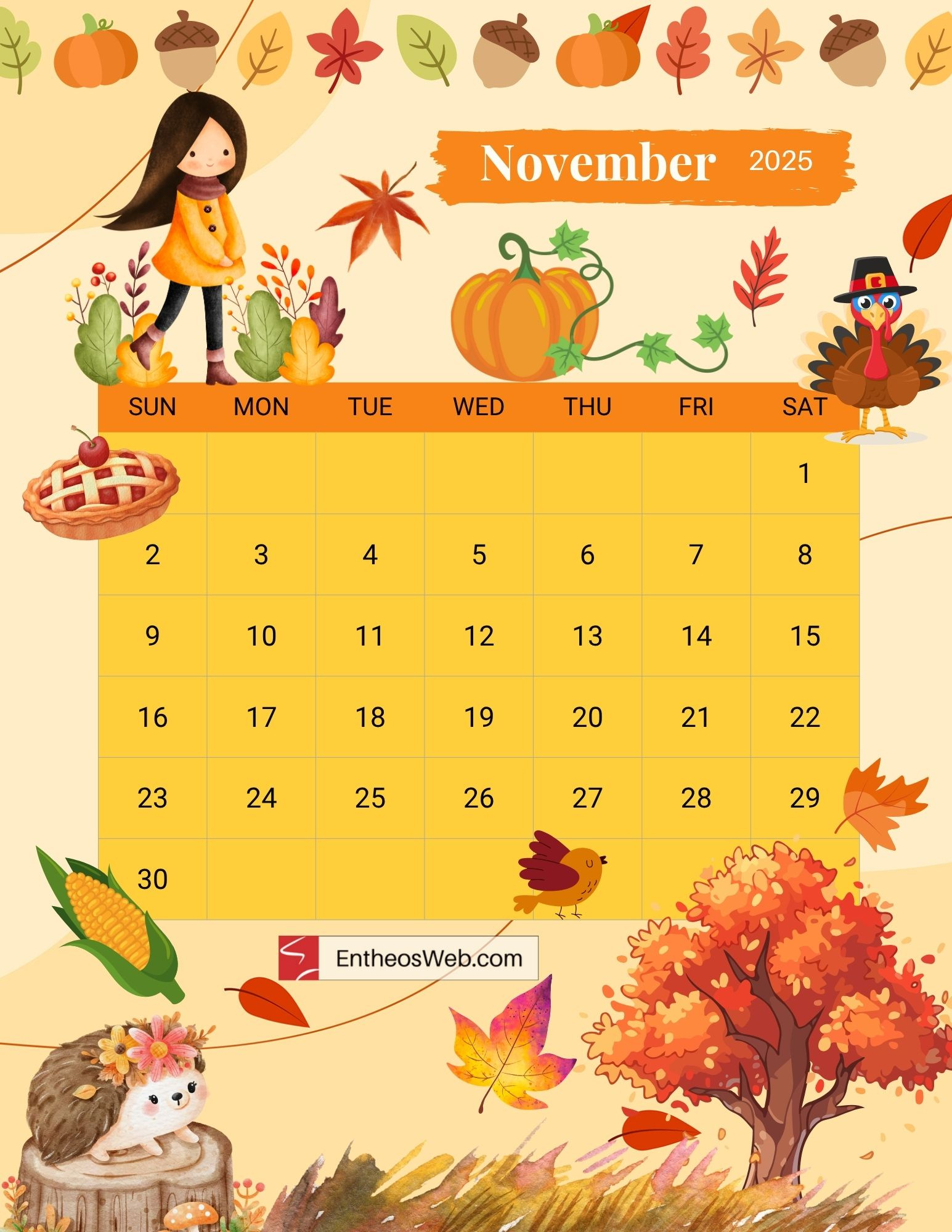 November 2025 Calendar Free Printables | Entheosweb within November 2025 Calendar Thanksgiving