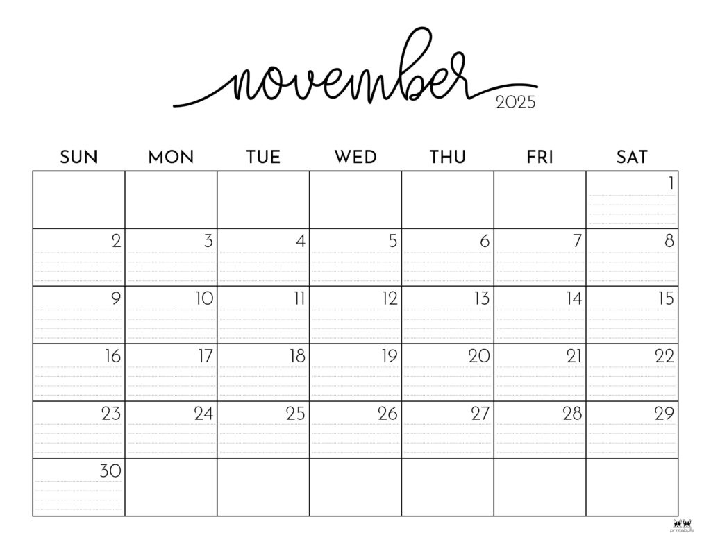 November 2025 Calendars - 107 Free Printables | Printabulls for Printable Calendar November 2025 With Lines