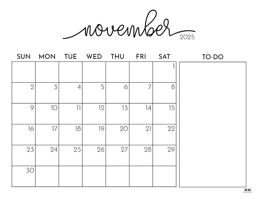 November 2025 Calendars - 107 Free Printables | Printabulls regarding November 2025 Calendar Template
