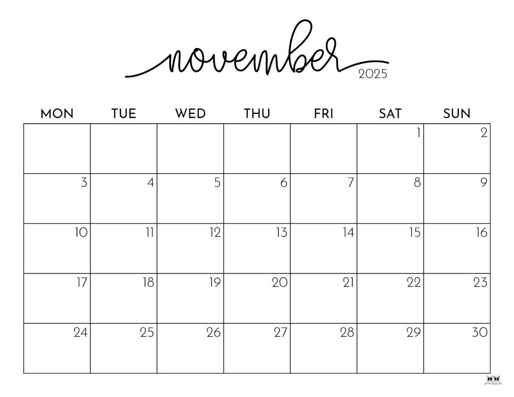 November 2025 Calendars - 107 Free Printables | Printabulls throughout November 2025 Calendar Printable