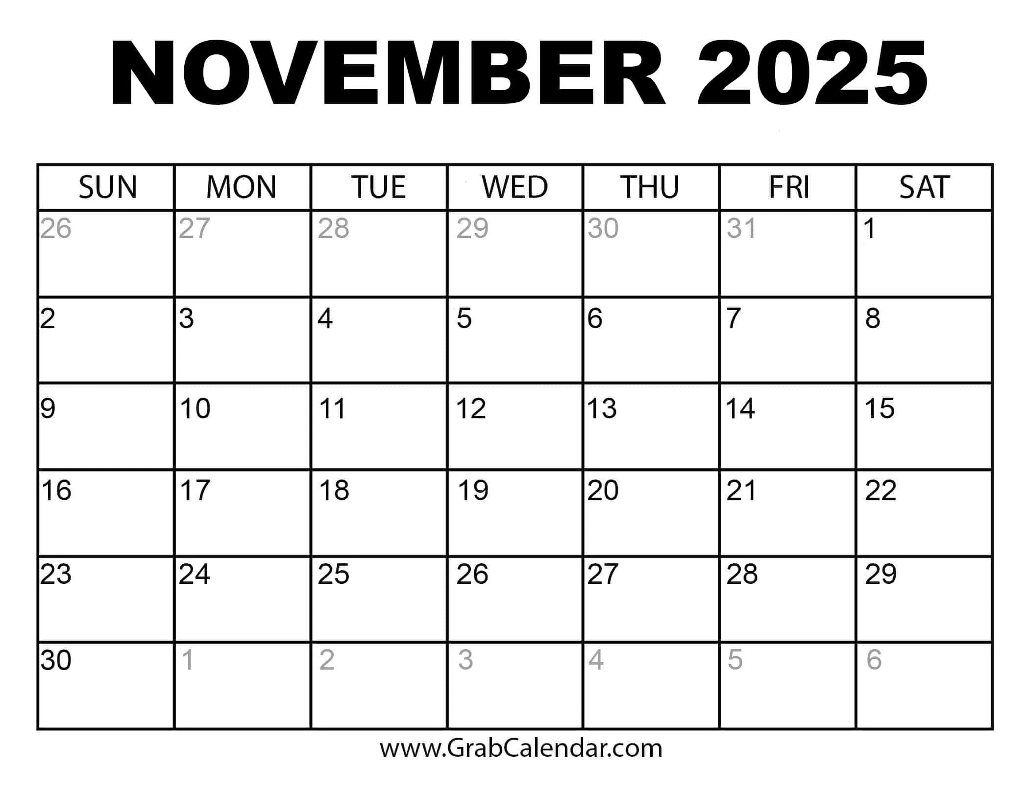 Printable November 2025 Calendar with regard to Printable Calendar November 2025 FREE Download