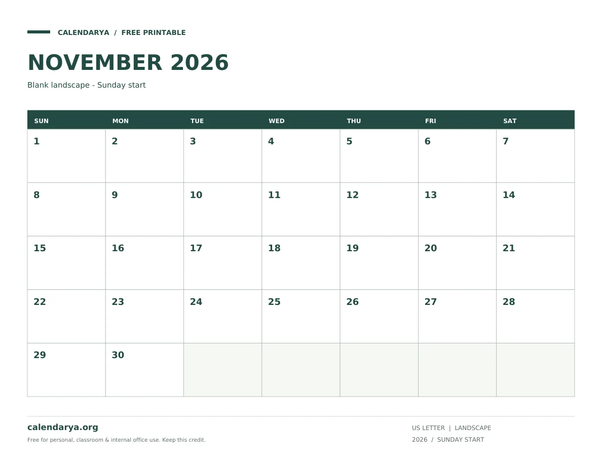 Blank November Calendar 2026: Blank landscape - Sunday start, US Letter, calendarya.org watermark