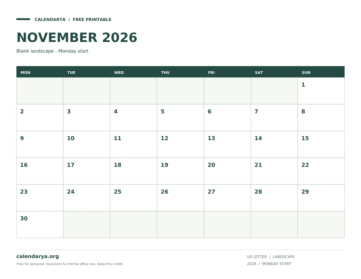 Blank November Calendar 2026: Blank landscape - Monday start, US Letter, calendarya.org watermark