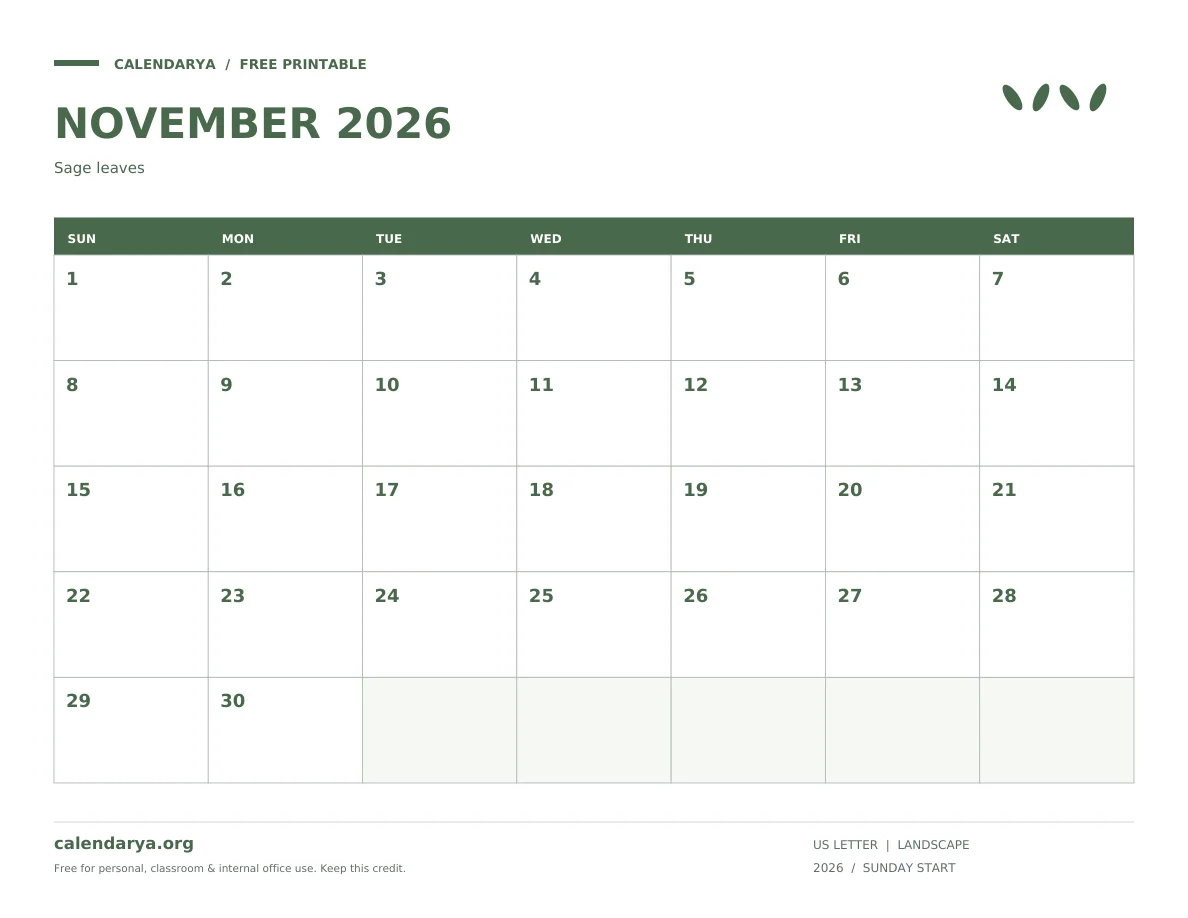 Cute November 2026 Calendar: Sage leaves, US Letter, calendarya.org watermark
