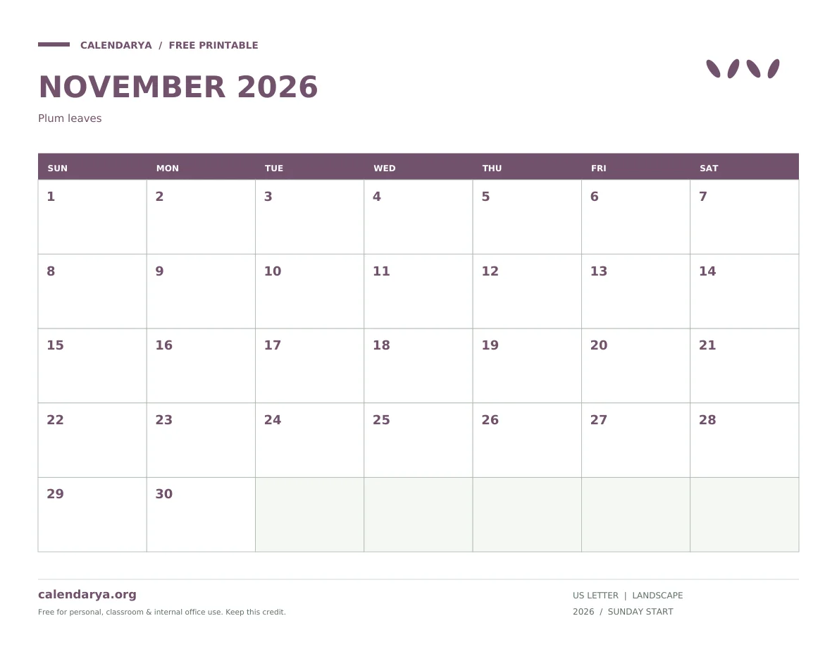 Cute November 2026 Calendar: Plum leaves, US Letter, calendarya.org watermark