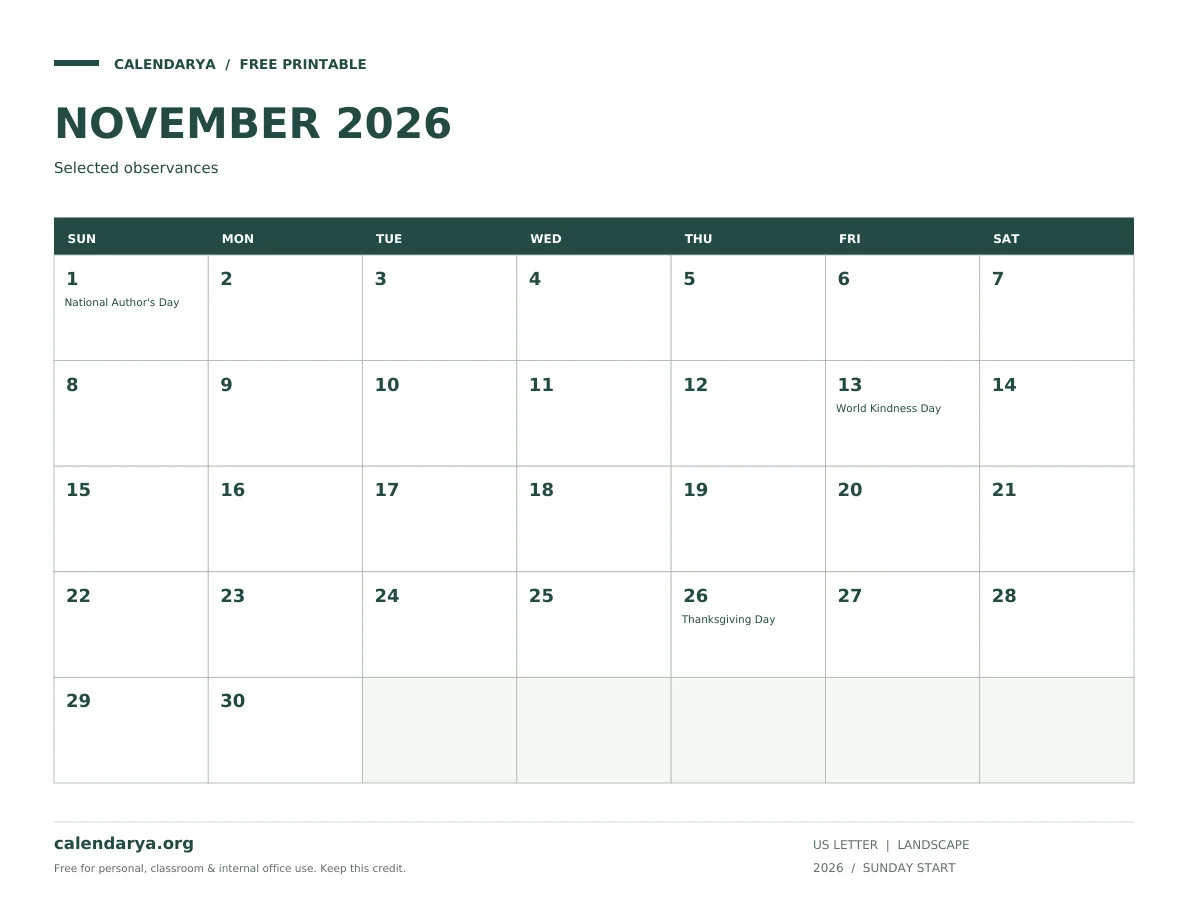 National Day Calendar November 2026: Selected Observances: Selected observances, US Letter, calendarya.org watermark