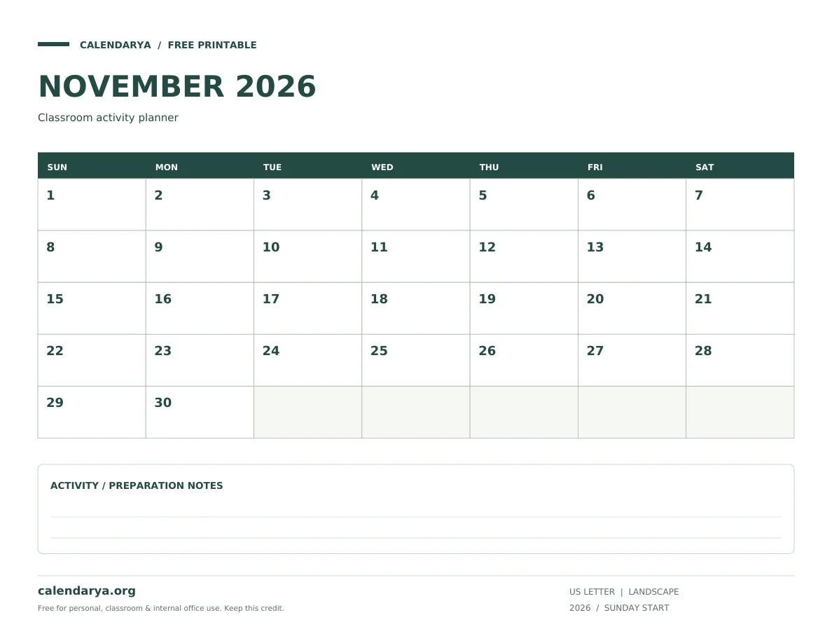 National Day Calendar November 2026: Selected Observances: Classroom activity planner, US Letter, calendarya.org watermark