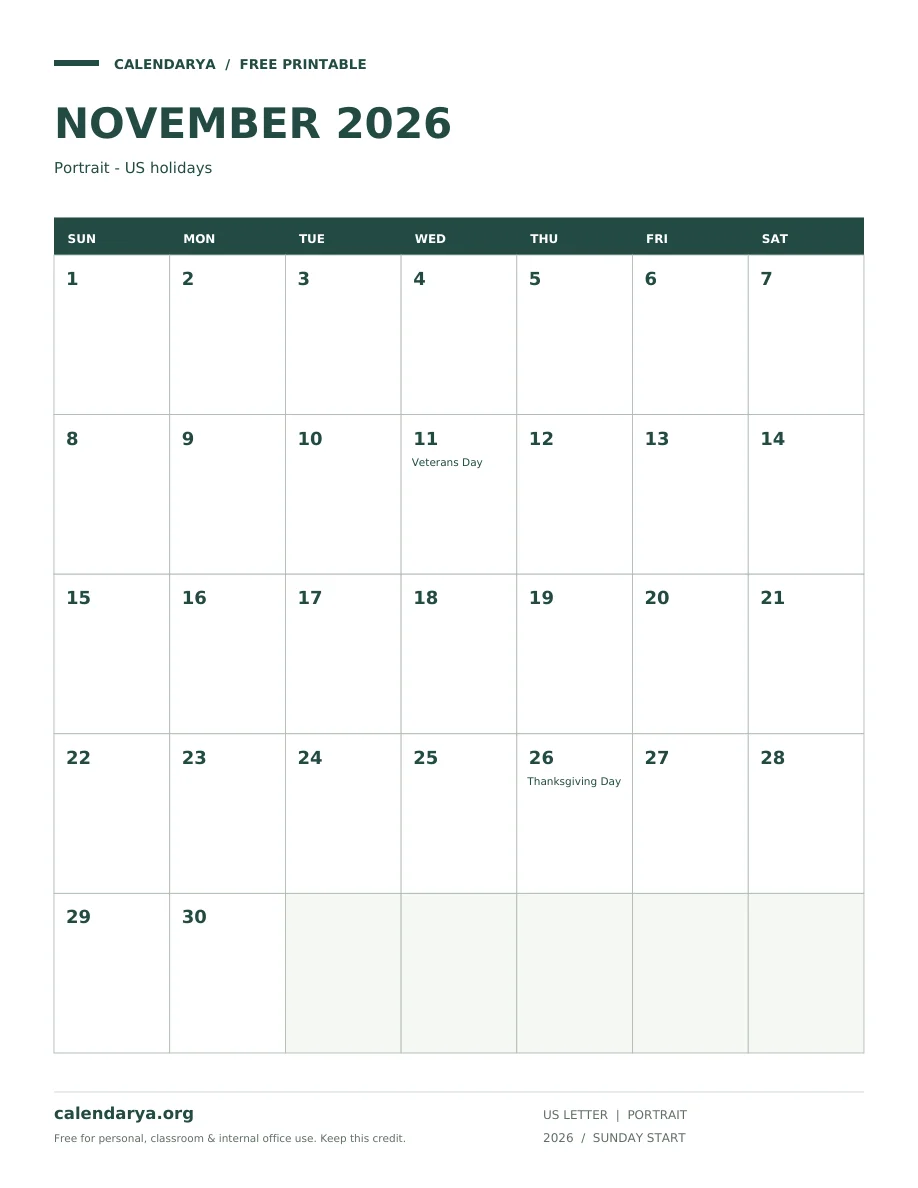 November 2026 Calendar Printable Portrait: Portrait - US holidays, US Letter, calendarya.org watermark