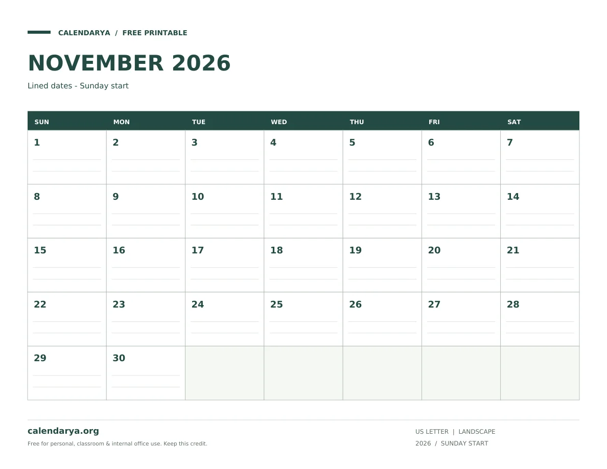 November 2026 Calendar With Lines: Lined dates - Sunday start, US Letter, calendarya.org watermark
