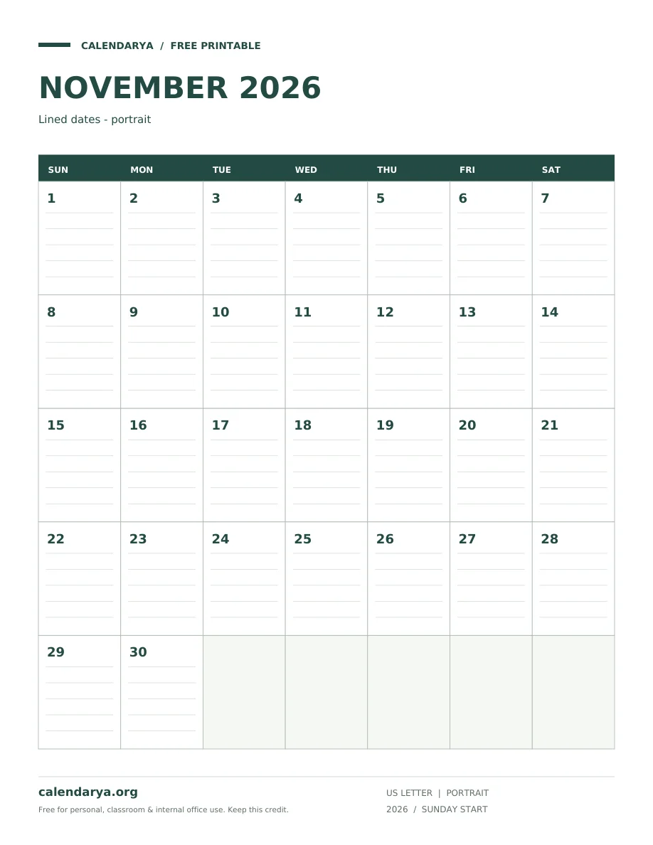 November 2026 Calendar With Lines: Lined dates - portrait, US Letter, calendarya.org watermark