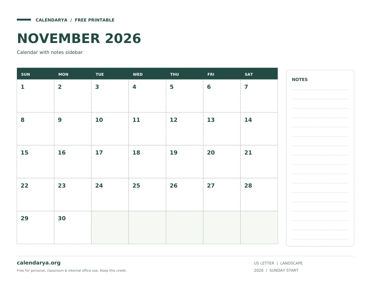 November 2026 Calendar With Notes: Calendar with notes sidebar, US Letter, calendarya.org watermark