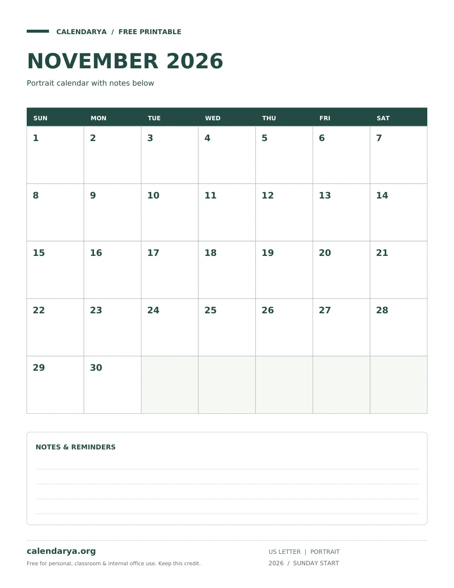 November 2026 Calendar With Notes: Portrait calendar with notes below, US Letter, calendarya.org watermark