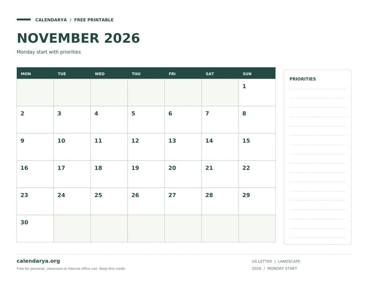 November 2026 Calendar With Notes: Monday start with priorities, US Letter, calendarya.org watermark