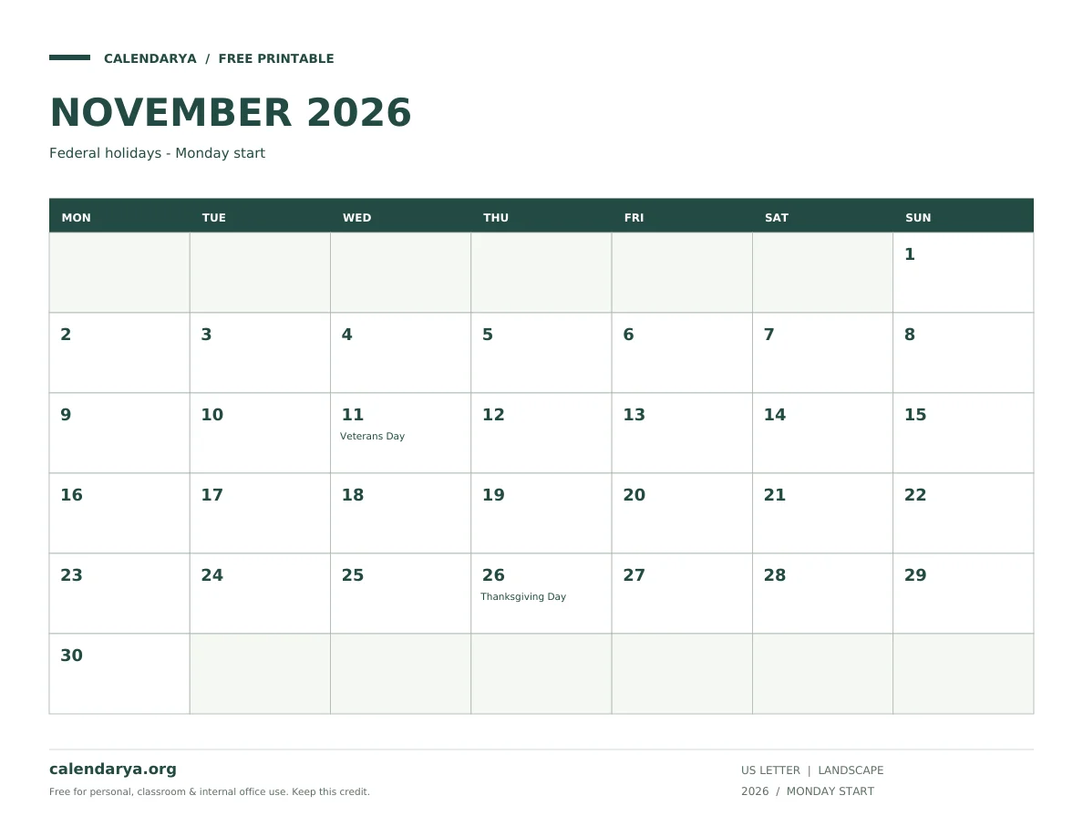 November Calendar 2026 With US Holidays: Federal holidays - Monday start, US Letter, calendarya.org watermark