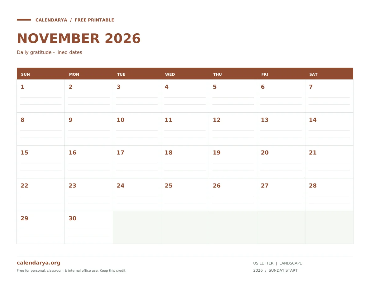 November Calendar Ideas for Chalkboards & Dry Erase Boards: Daily gratitude - lined dates, US Letter, calendarya.org watermark