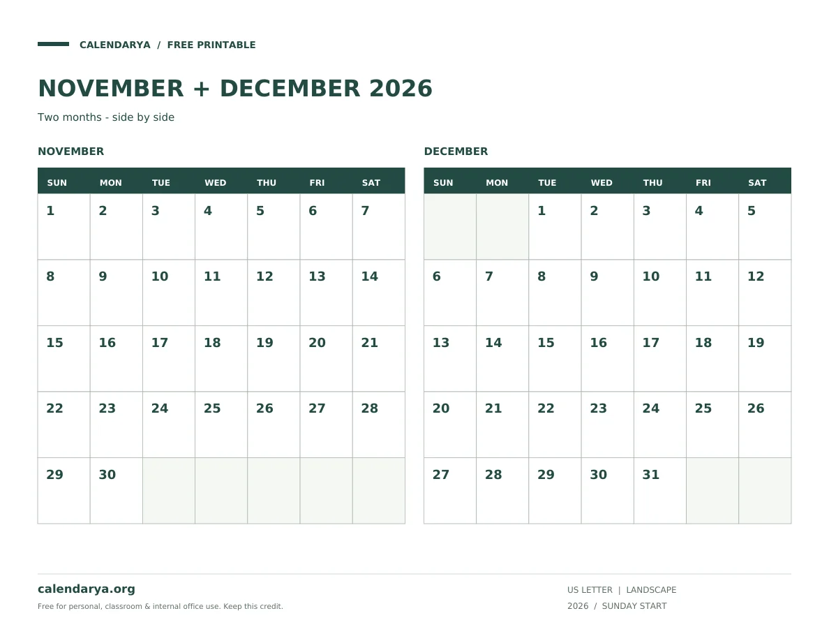 November December 2026 Calendar: Two months - side by side, US Letter, calendarya.org watermark