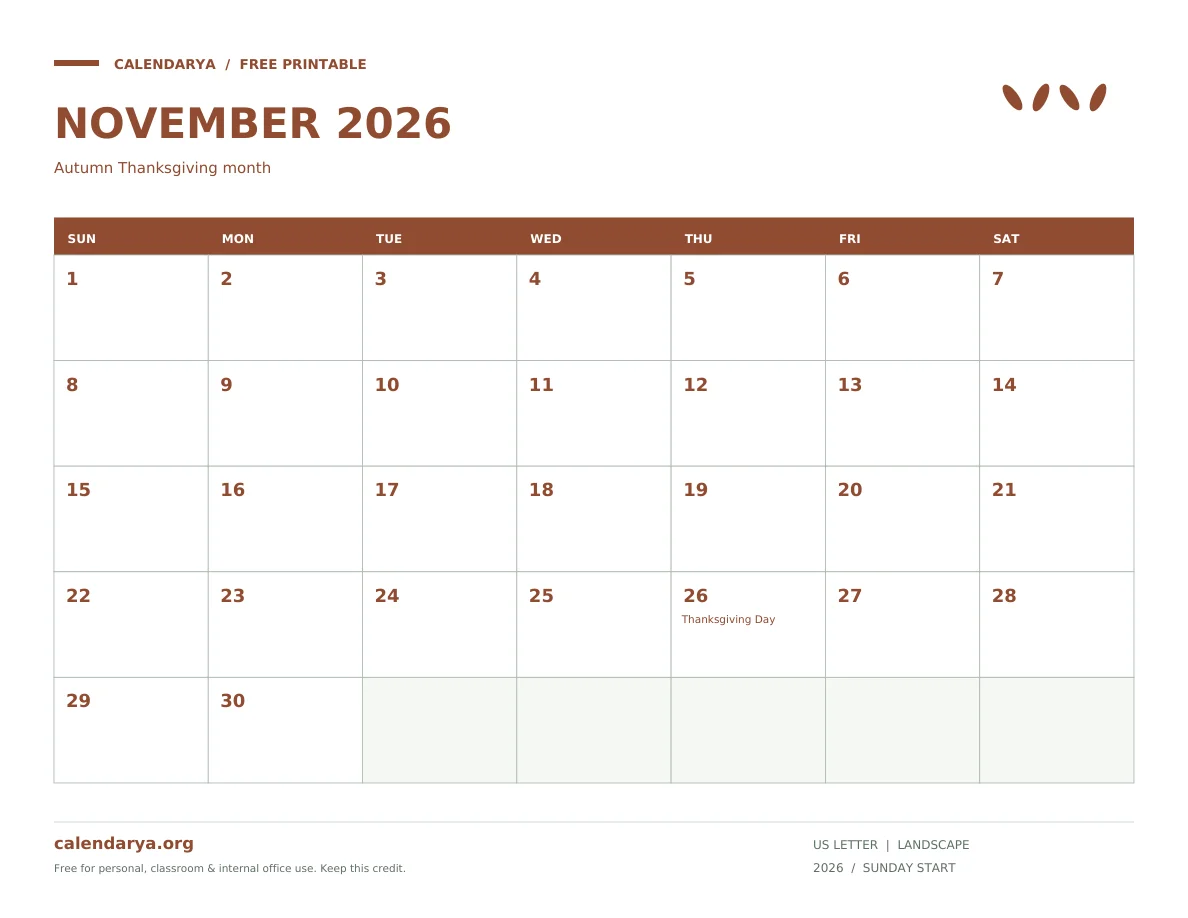 Thanksgiving November 2026 Calendar: Autumn Thanksgiving month, US Letter, calendarya.org watermark