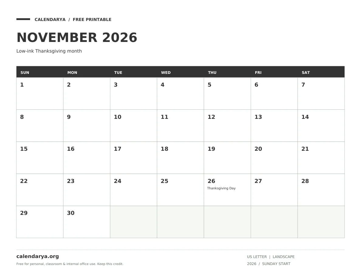 Thanksgiving November 2026 Calendar: Low-ink Thanksgiving month, US Letter, calendarya.org watermark